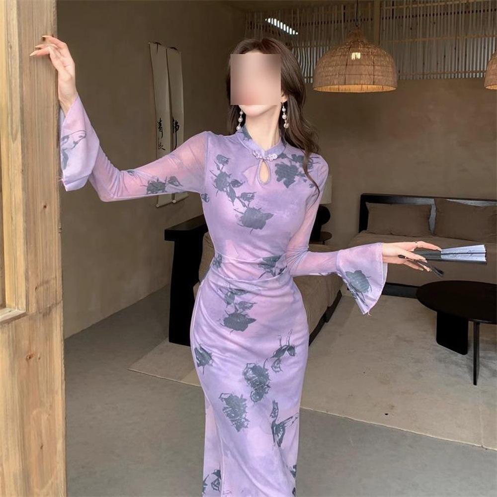 

Весенне-осеннее платье ципао с длинным рукавом, осеннее платье, новое осеннее элегантное фиолетовое платье-юбка, женская одежда XL