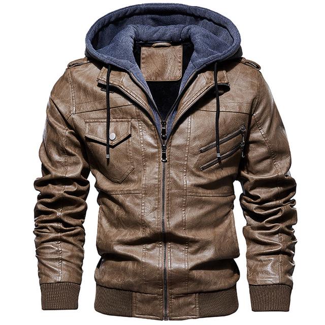 Autumn Winter Hooded Jacket Men Hat Detachable Motorcycle Biker Jackets Casual Pu Leather Coat