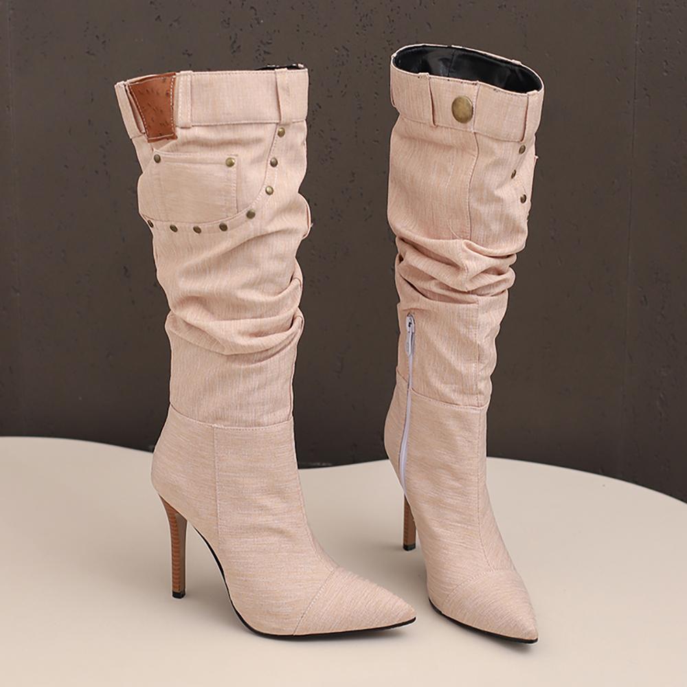 Grey Blue Women Knee High Boots High Stiletto Heel Big Size 50