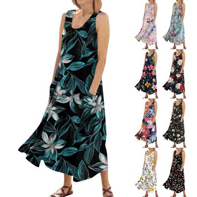 Robe d'été décontractée pour femmes, imprimé floral, sans manches, col rond, poches