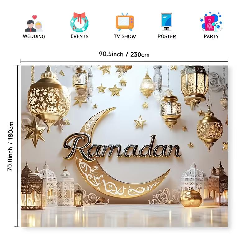 2D Ramadan Crescent Moon & Lantern Backdrop for Home Decor