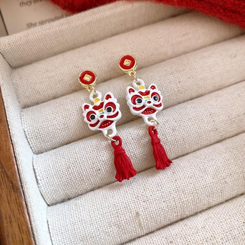 Cartoon Lion Dance Ear Studs Awakened Lion Drop Earrings Retro Tassel Lion Dance Earrings  Wedding