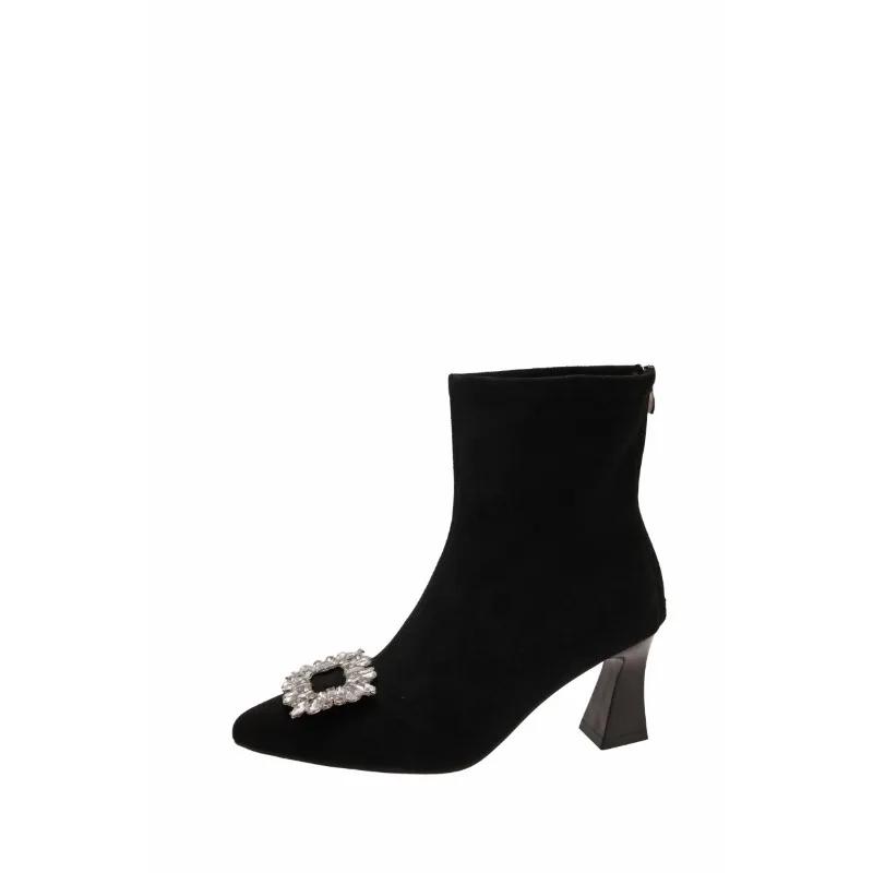 

Женские туфли-лодочки Зима Новые на высоком каблуке Замшевые Стразы Молния Короткие ботинки Мода Темперамент Увеличение Рост Профессиональная обувь 35 чёрный