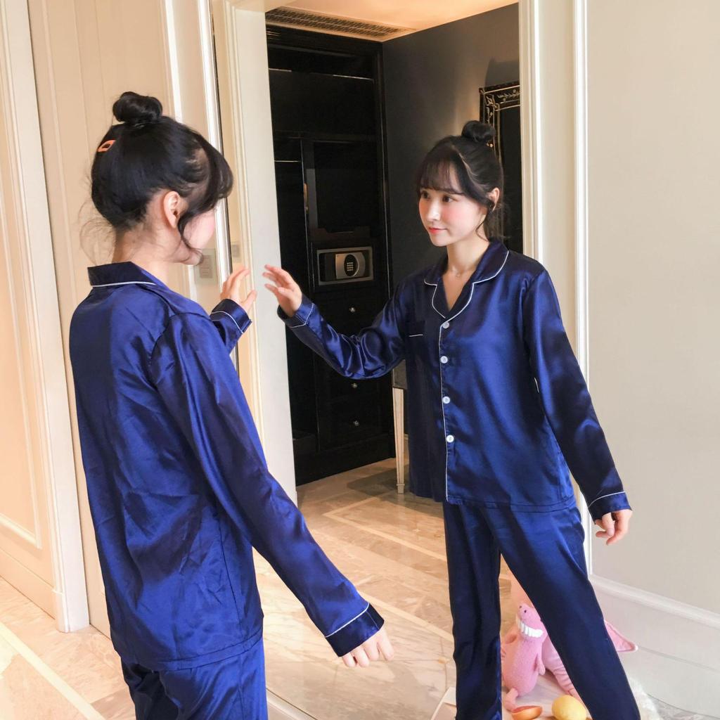 Langärmliges Pyjama-Set aus Seidenimitat mit Revers für Damen in Übergröße