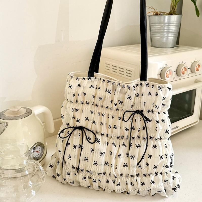 JIAERDI Beige Sweet Cute Bow Tote Bag Women Print Wrinkle Large Capacity Shoulder Bag Ladies Harajuku Y2k Aesthetic Underarm Bag
