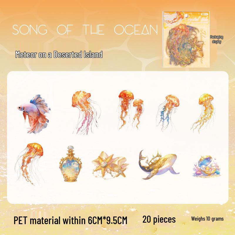 Yuxian Seashell Light Gold PET Sticker Pack: Crystal Tide Series - 20 Pieces, 4 Styles, Jellyfish Collage Material.