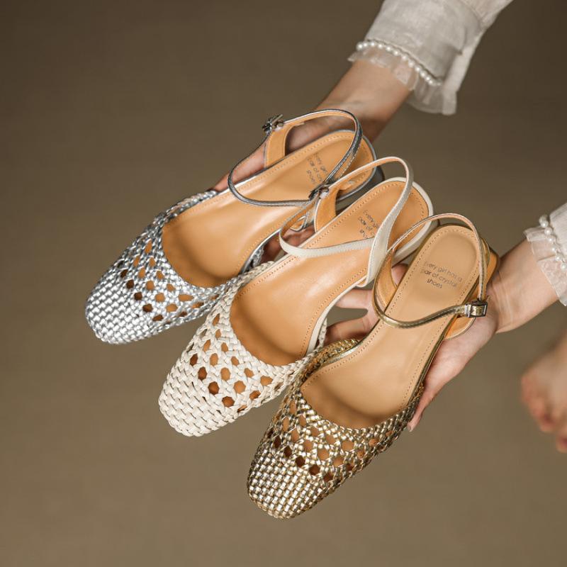 New one-word mesh thick-heeled sandals French retro woven hollow women's shoes low-heeled toe shoes women's summer
