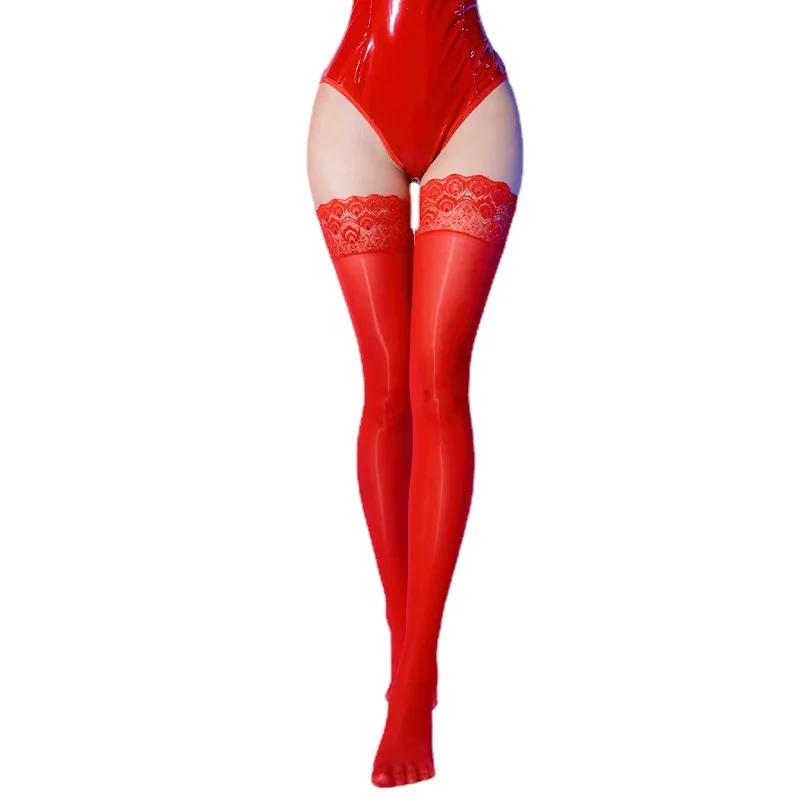 Oil Shiny Thigh High Stockings Floral Lace Top Silicone Hold Up Medias Women Sexy Transparent Underwear Party Hosiery