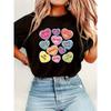 European Size Women'S Black Graphic T-Shirt with Colorful Heart Print-"Kiss Me, You're Mine, Best Friends, Love Bug, Sweet, XOXO" Design-Crew Neck Top