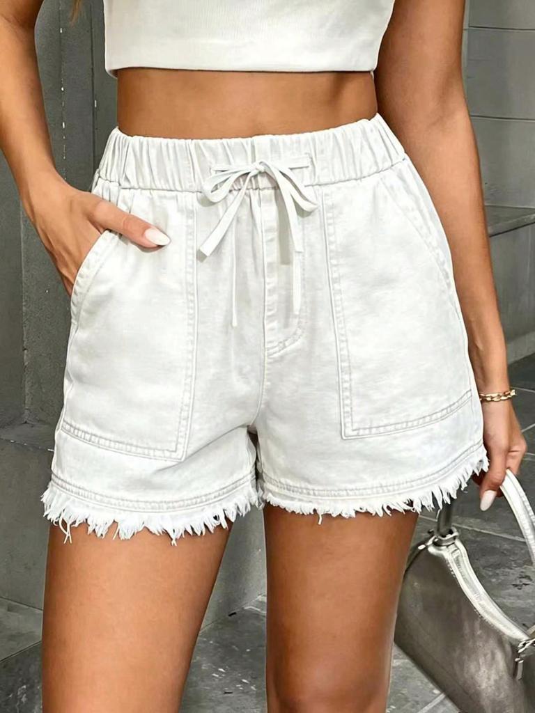 Women's Elastic Drawstring Mid Rise Straight Denim Shorts Non Stretch Frayed Hem Washed Casual Bermuda Shorts