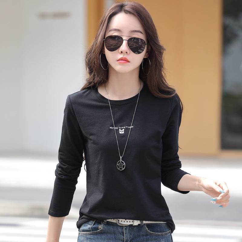 

Женская вышитая футболка с круглым вырезом и длинным рукавом, Осень/Зима, Корейский стиль, Большой размер, Базовый слой из 95% хлопка 3XL чёрный