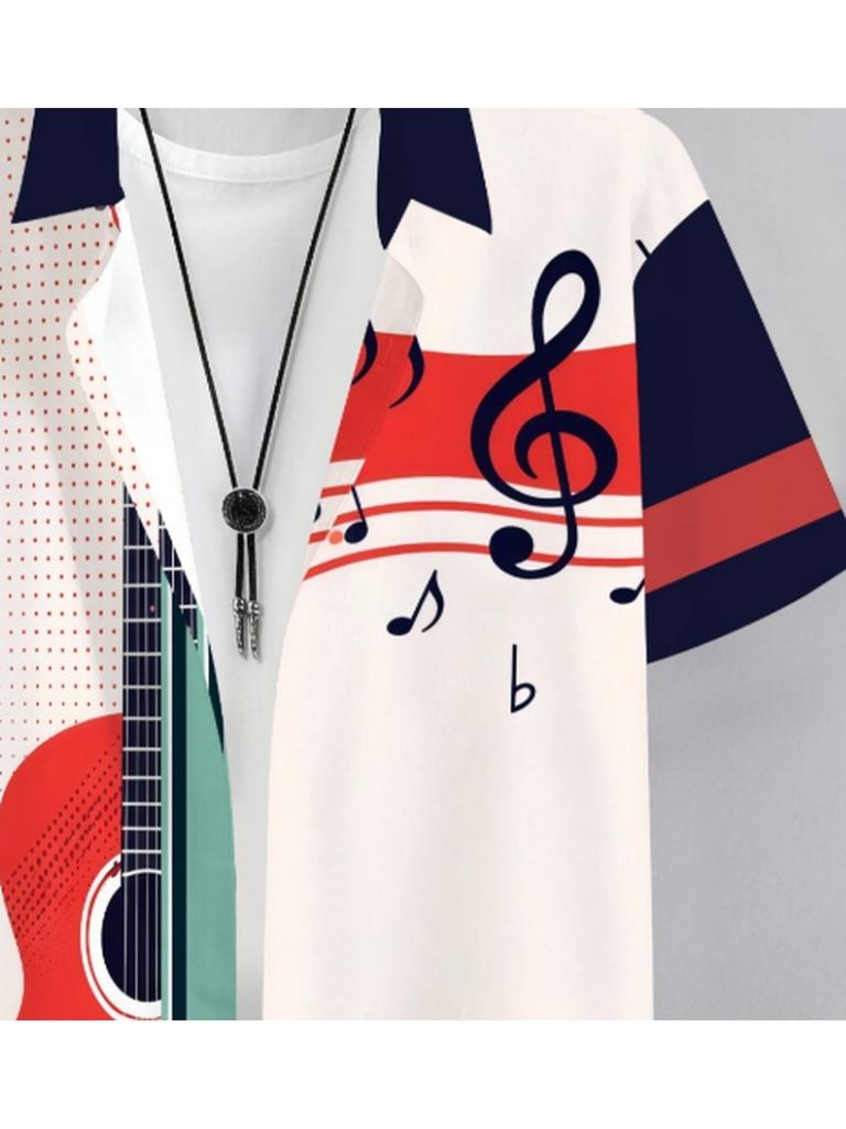 Printed Design – Not Textured Men's Summer Vintage Acoustic Guitar Hawaiian Shirt, Suitable for Music Festivals and Daily Wear