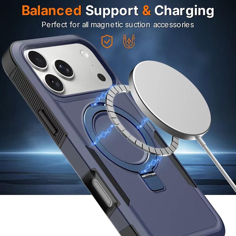 Coque Magnétique avec Support Invisible Rotatif pour IPhone 18 Pro Max 15 16 17 Pro Anti-Choc Antidérapante Armure Robuste Housse de Protection Robuste