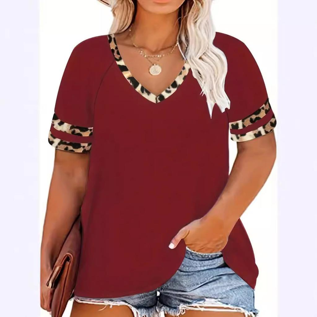 Amazon's new women's crew neck shoulder plug contrasting short-sleeved V-neck T-shirt is casual and versatile