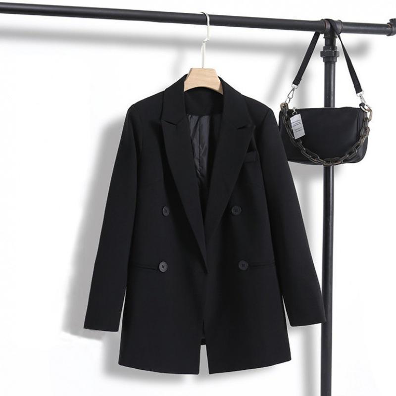 Women's 2023 Black Korean-Style Loose Mid-Length Casual Blazer Jacket