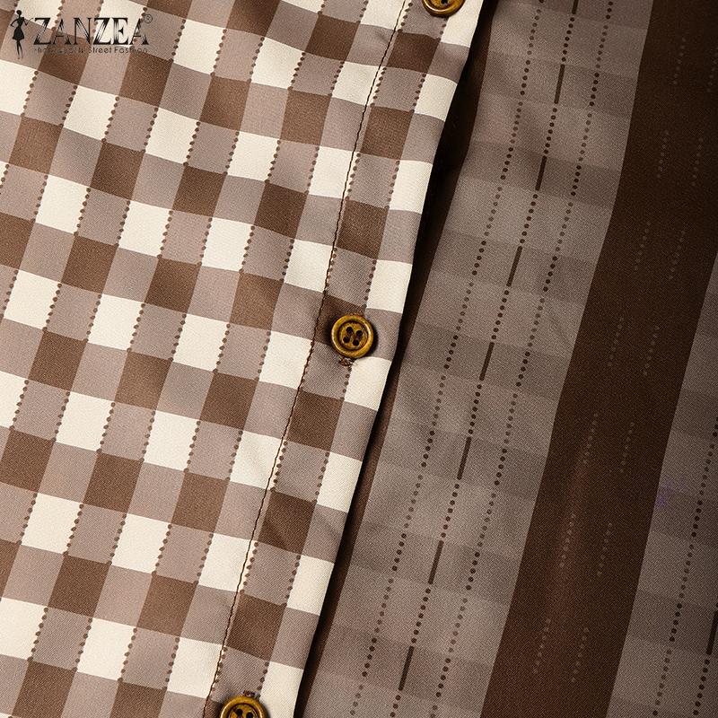 ZANZEA Rochie casual largă cu mâneci 3/4 și guler turn-down cu imprimeu carouri pentru femei