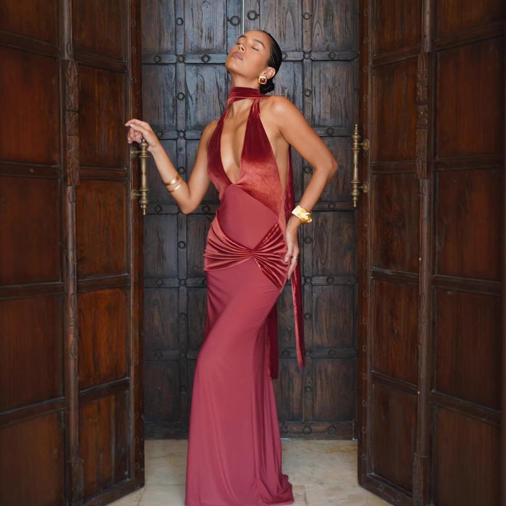

Spring and summer European and American style women s clothing sexy backless streamer tight dress fashion evening dress neck dress S бордовый