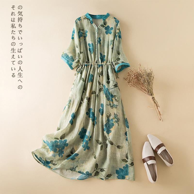 

2025 summer new cotton and linen thin printed V-neck shirt skirt loose retro waist lace-up dress women 3XL {150-80kg}