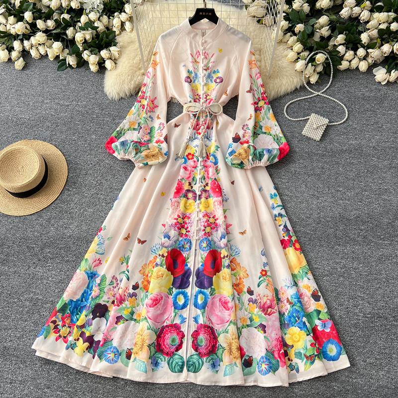 Spring Autumn Women Plus Size Print Single Breasted Long Maxi Seaside Holiday Beach Dresses with Belt