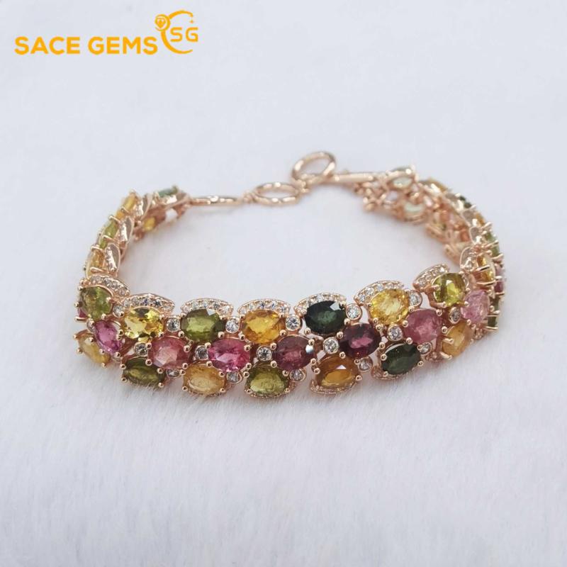 

SACE GEMS Срібло 925 проби з натурального турмаліну Браслети з дорогоцінним камінням для жінок Заручини Коктейльна вечірка Вишукані ювелірні вироби 16+3CM різнокольоровий