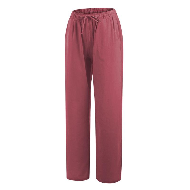 Casual Loose Wide-Leg Linen Pants with Elastic Lace-Up Waistband and Pockets