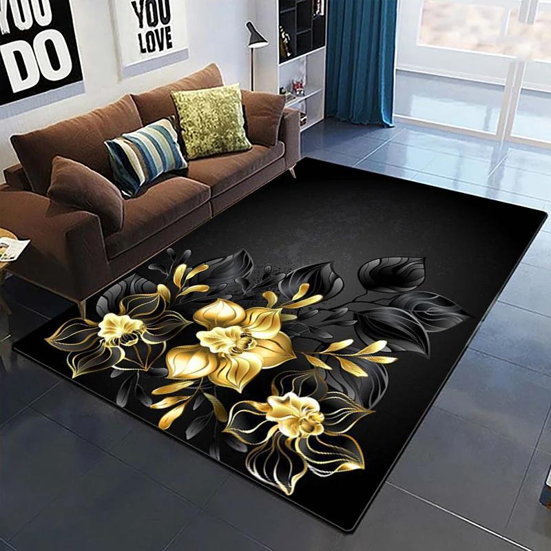 Goldene Rose Blumenteppich Für Zuhause Schlafzimmer Wohnzimmer Sofa Tisch Dekor Weicher Teppich Küchenbodenmatte 3D-Druck Blumenmuster Fußmatte