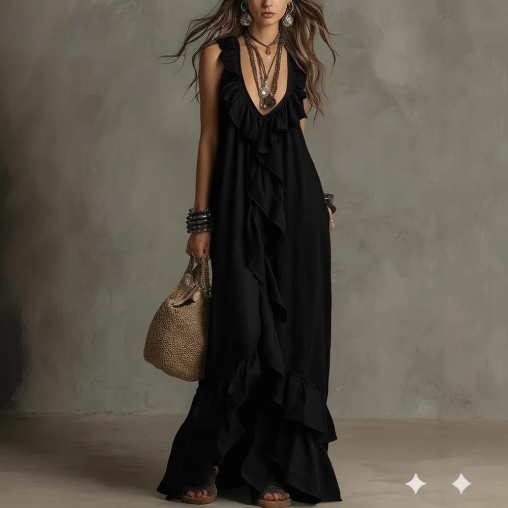 Boho Vintage V-Neck Short Sleeve Ruffle Casual Urban Dress for Women, European American Crossbody Summer Sundress