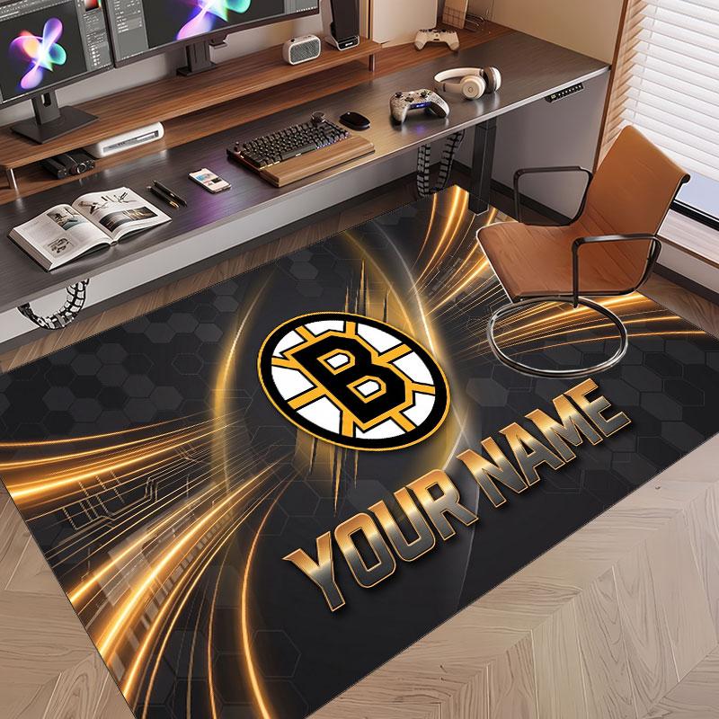 Benutzerdefinierter Teppich Boston Bruins Muster Druck Name Text Weicher Rutschfester Bodenbelag für Heim-Innenraumdekoration