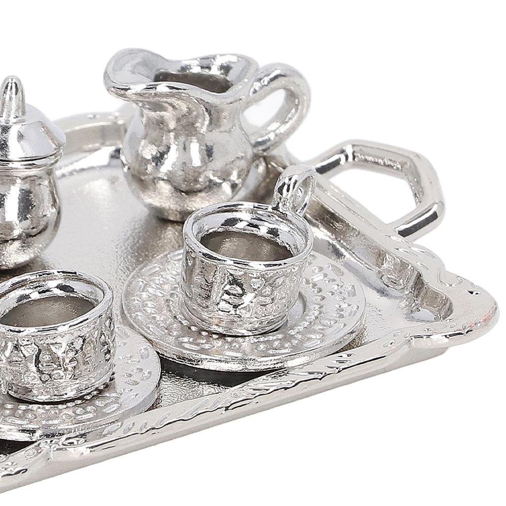 Mini Tea Set Metal 1/12 Scaled Simulation Lifelike Miniature Tea Cup Tray Kit for Dollhouse