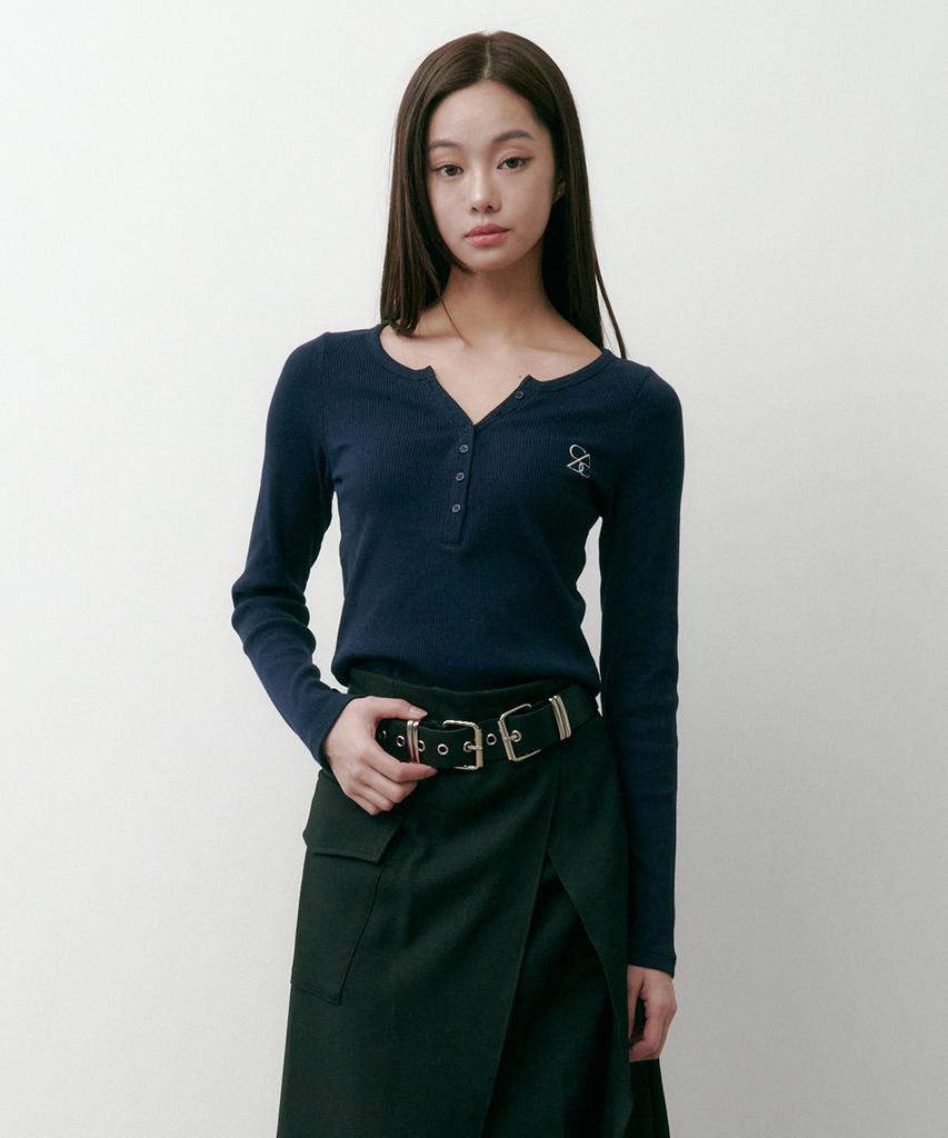 Solteuaenchokollis Ribbed Henley Neck Long Sleeve T-Shirt Navy 4W2511001