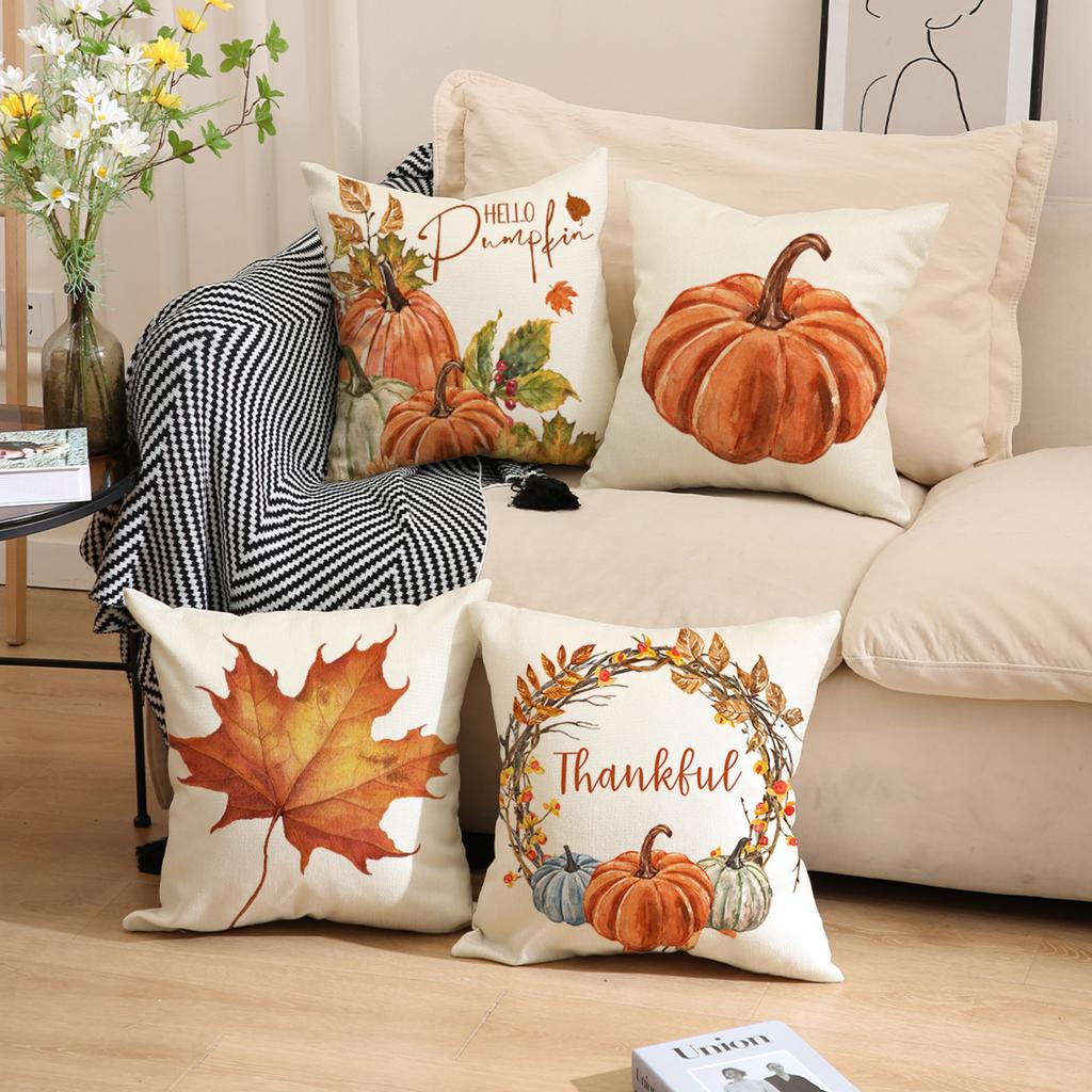 Autumn Thanksgiving Pillow Cover 45x45cm Sofa Cushion Cover Pumpkin Leaf Pattern Decorative Throw Pillow Case without Insert