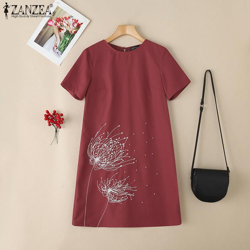 ZANZEA Women Summer Round Neck Casual Short Sleeve Print Dress