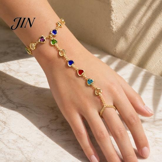 Gold Plated Bracelet Hand Chain with Ring for Women, Colorful Heart Shaped Two-in-one And Faux Crystal Healing Jewelry, Gifts Best Friend Sister Wrist