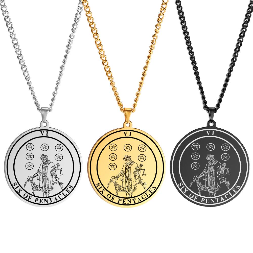 LIKGREAT Spiritual Tarot Necklace for Men and Women Pentacles Pendants Necklaces Vintage Round Stainless Steel Jewelry Gift