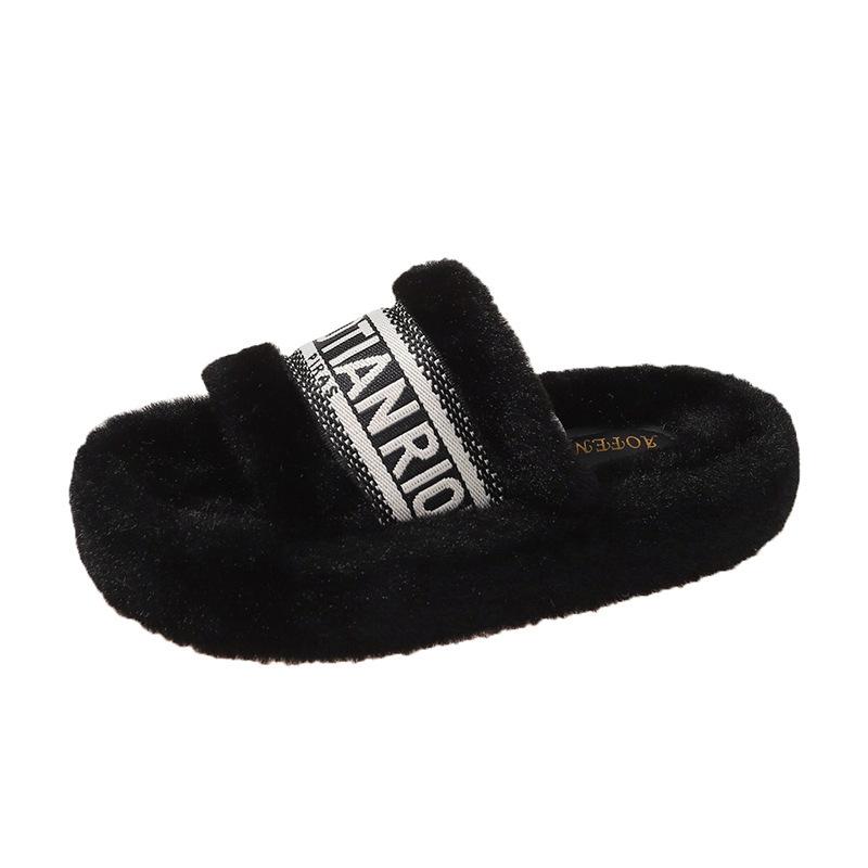 2025 New Mao Mao Slippers Female Outer Wear Fairy Thick-bottomed Autumn and Winter Explosion Versatile Fashion Letter One-word Cotton Slippers