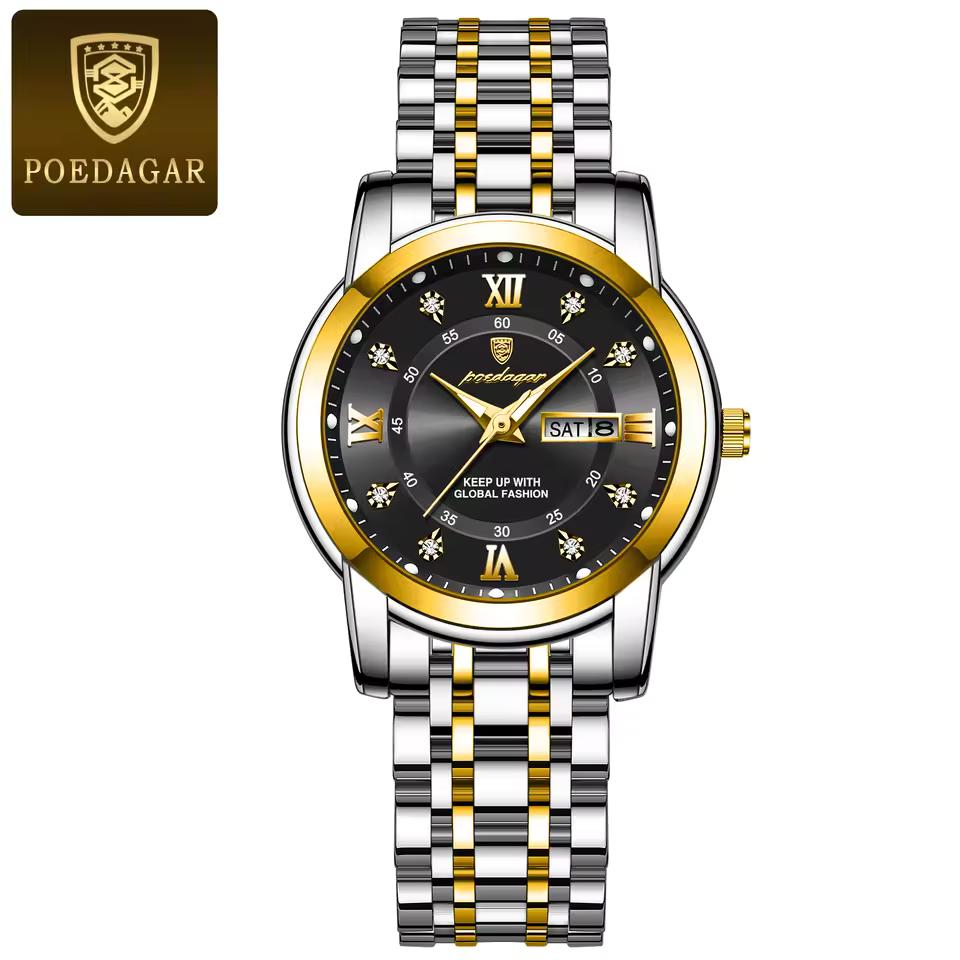 POEDAGAR Damen Edelstahl Dail Elegante Wasserdichte Leuchtende Quarz Datum Armbanduhren, Modische Damenuhr