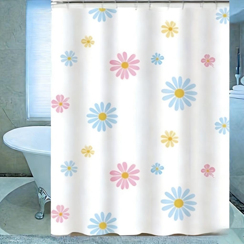 

Colorful Daisy Print Shower Curtain - Waterproof Polyester Bathroom Decor With Pink, Blue & Yellow Blooms On White Background W60H190(CM)-1 Pcs
