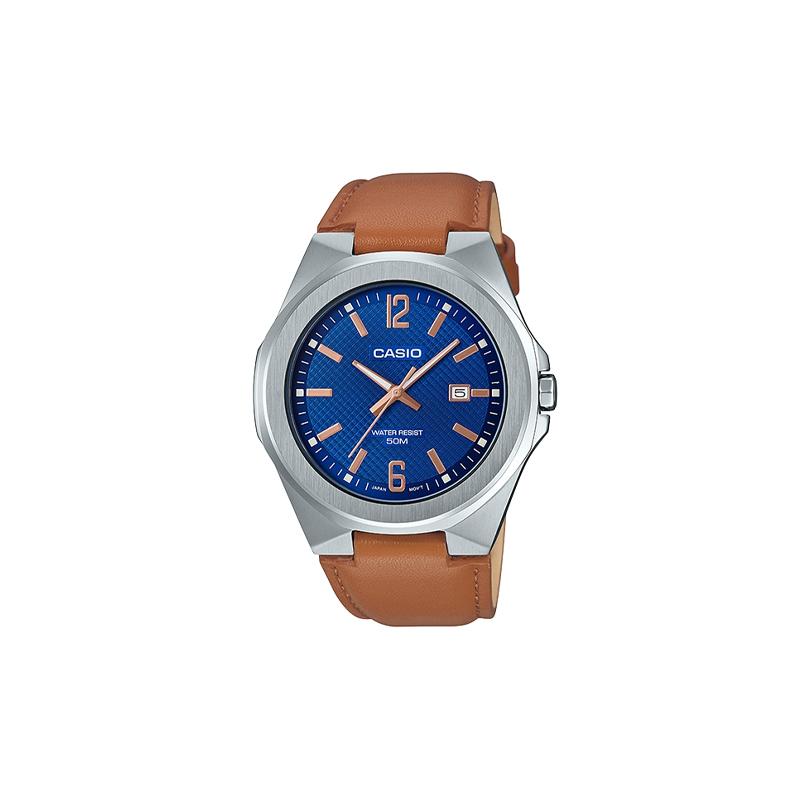

Casio STANDARD series quartz movement leather strap men s watch blue dial MTP-E158L-2A синій