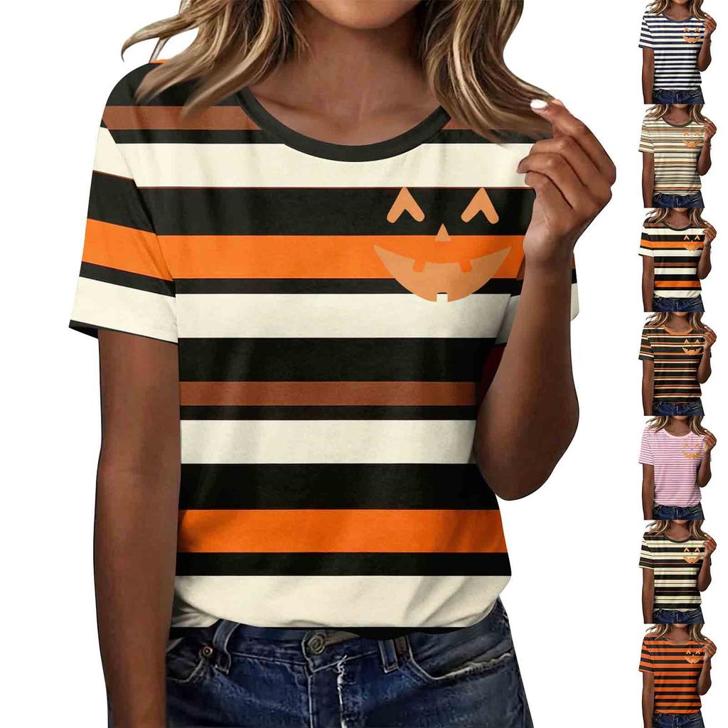 Women's Casual Short Sleeve T-Shirt with Halloween Print for Holiday Party Wear