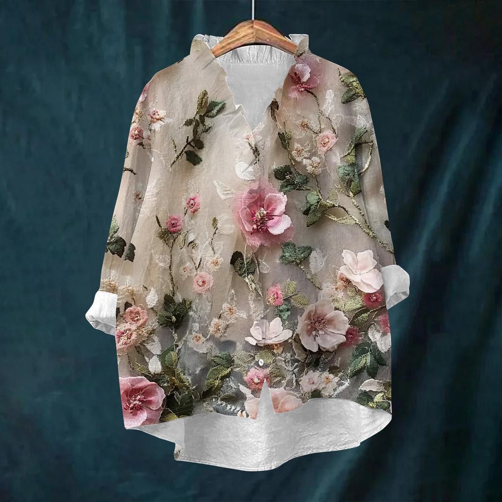 Women's Loose Ruffled Retro Floral Print Stand Collar Long Sleeve Cotton And Linen Top