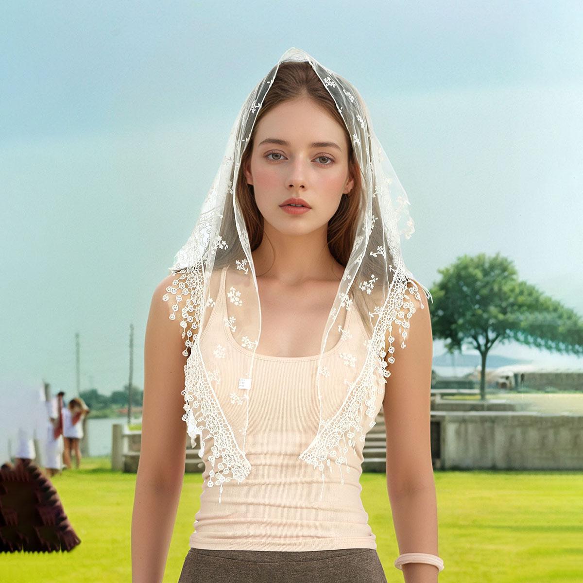 

Lace Triangular Scarf Women Floral Embroidery Shawl with Tassels Bride Wedding Solid Veil Spanish Elegance Hijab Handkerchief 135x45cm