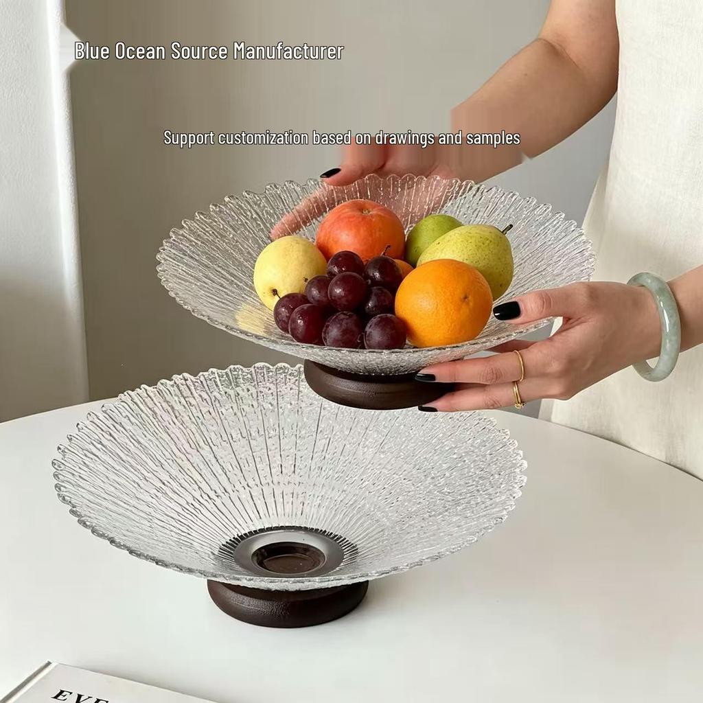 Chinese Glass Fruit Bowl Set for Living Room Coffee Table - High-End Style for Nuts, Dried Fruit, and Snacks.
