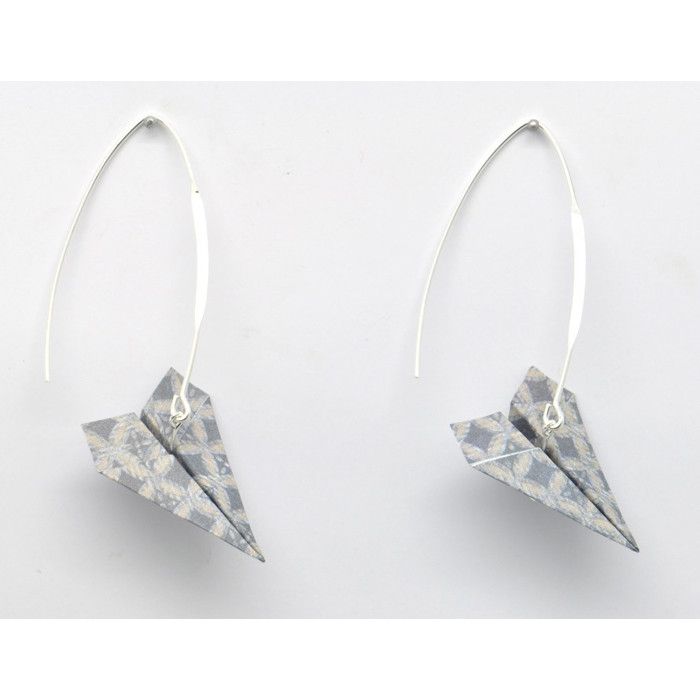 Boucles d'oreille papier Origami Avion Gris bleuté