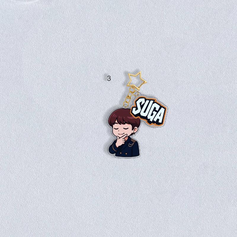 BTS Uniform Cartoon Keychain with Colorful Name Tag & Star Charm, Bangtan Boys Cartoon Figure Keyring, Kpop Idol Bag Pendant for ARMY Fans