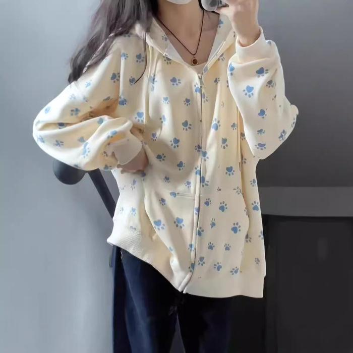 

Американский тяжелый свитшот женский осенний новый принт собачьей лапы капюшон большой размер свободная куртка на молнии тонкий бархат плюс 2XL