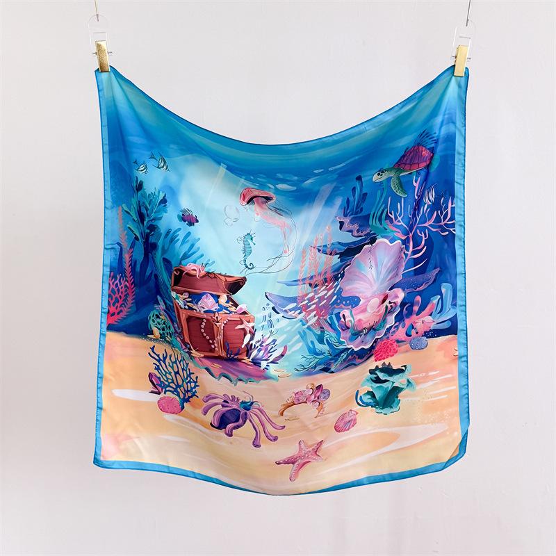 Ocean Treasure Simulation Silk Premium Large Square Scarf Silk Scarf Printed Shawl Decorative Scarf Sunscreen Scarf Headscarf Scarf