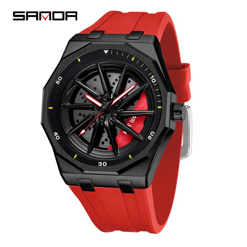 SANDA Men's Waterproof Luminous Polygonal Quartz Watch with 3D Rotating Dial and Silicone Band