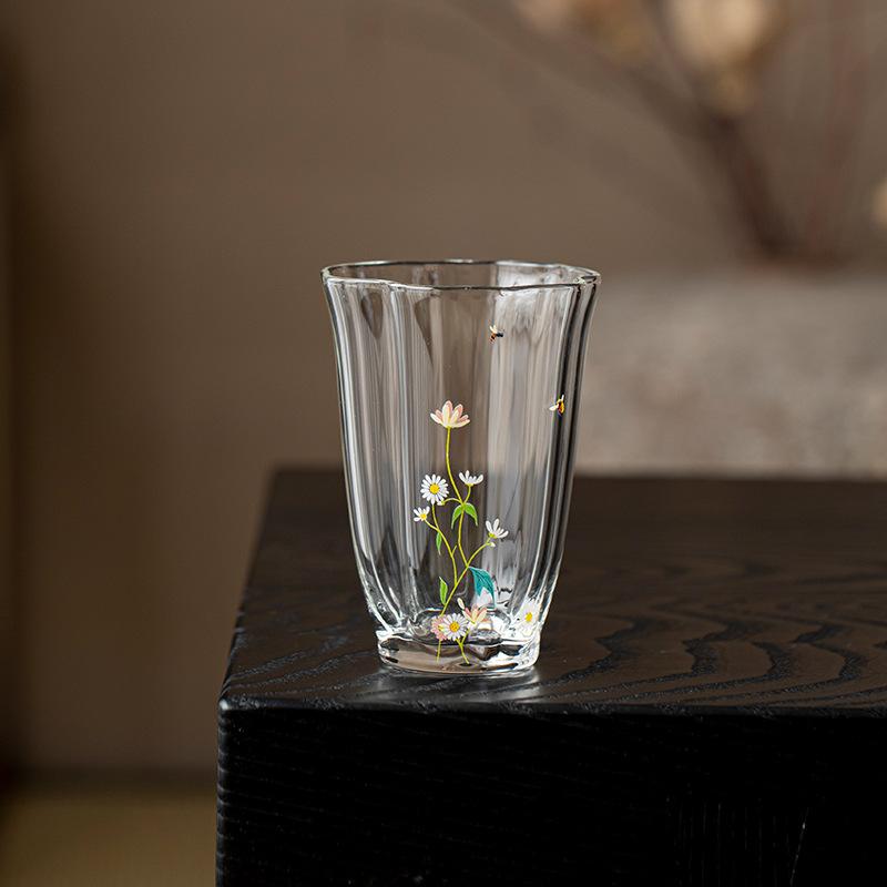 Borosilicate Heat Resistant Glass Tea Cup Daisy Flower Design Personal Master Cup Gongfu Teaware Green Tea Drinking