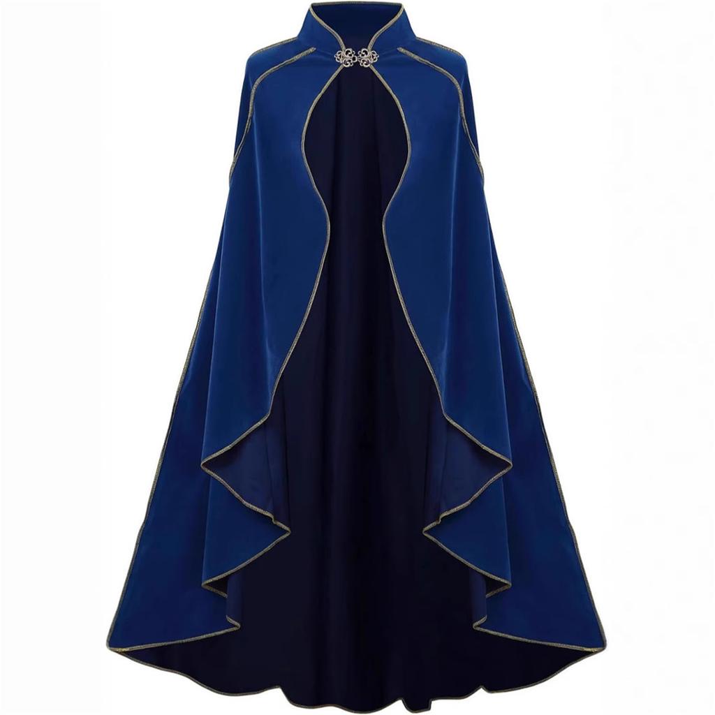 Women Medieval Cloak Stand Collar Deluxe Velvet Gold Trim Cape For Adult Christmas Halloween Paty