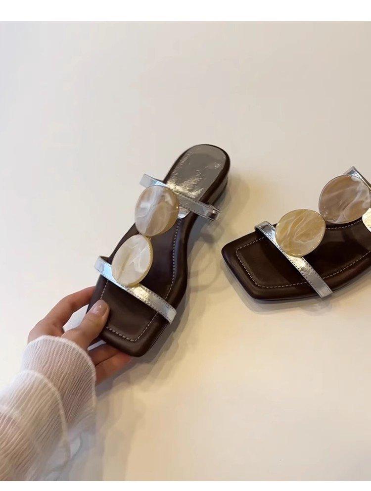 Soft Leather Version~ Niche French One-word Cool Slippers Women's Open-toed Square Head Temperament Roman Shoes Flat Beach Shoes